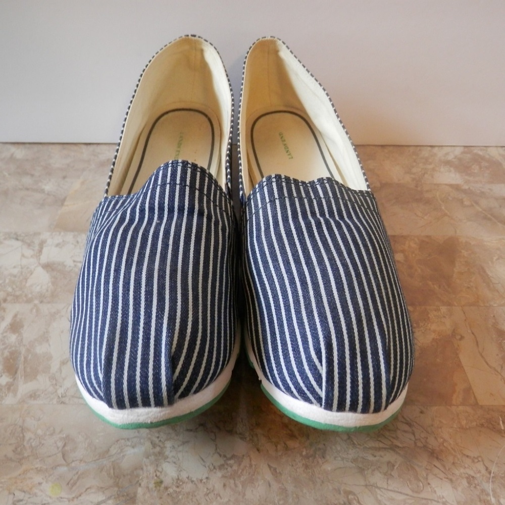 Land's End Navy Blue Striped Canvas Slip On Flats